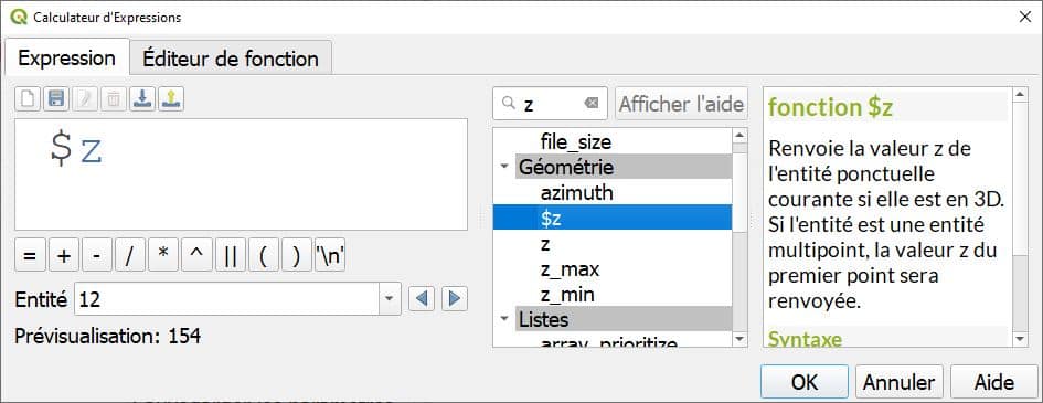 acces valeur z fonction expression QGIS 3.22